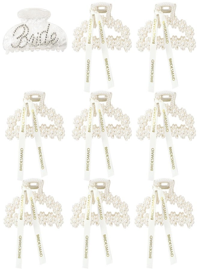 FEINIGESI 9 Pcs Pearl Bridesmaid Hair Claw Clips With Ribbon and 1Pack Acrylic Bride Claw Hair Clip With Rhinestone Bride Logo Set,Bachelorette Bridal Party Favors Present Bridesmaid Proposal Gifts - Image 1
